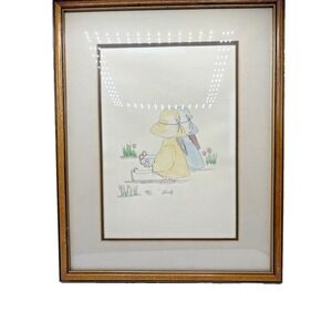 80's Wendy Haynes Friends and Flowers Hand Colored Lithograph Signed Framed Art
